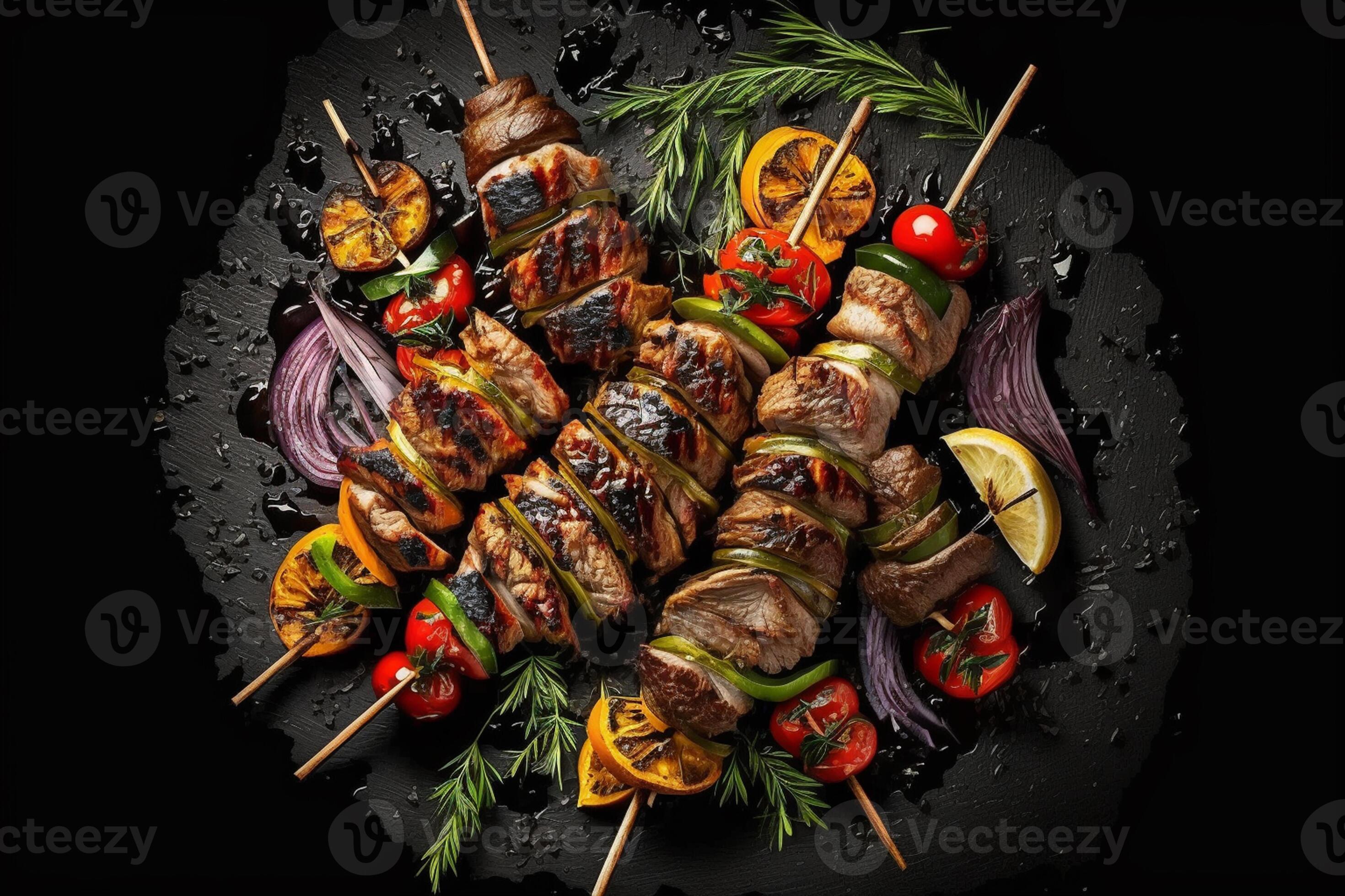 Generative AI illustration of skewered shish kebab, Kebabs - grilled meat  skewers, vegetables on black wooden background. Meat skewers in a barbecue  22925899 Stock Photo at Vecteezy