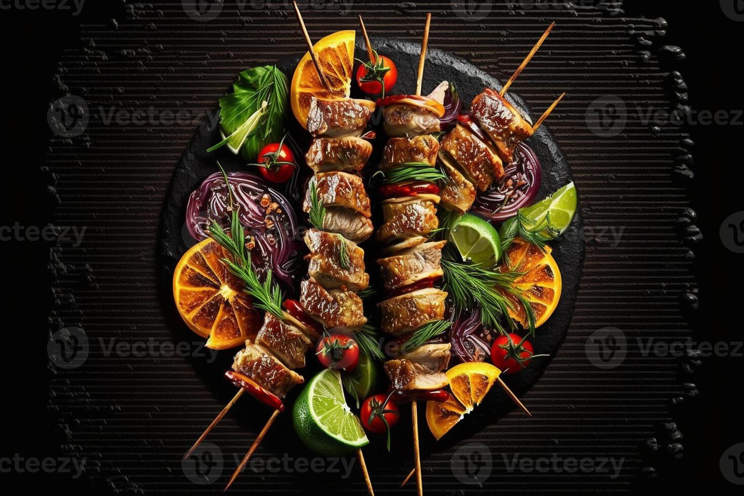 Generative AI illustration of skewered shish kebab, Kebabs - grilled meat  skewers, vegetables on black wooden background. Meat skewers in a barbecue  22925899 Stock Photo at Vecteezy