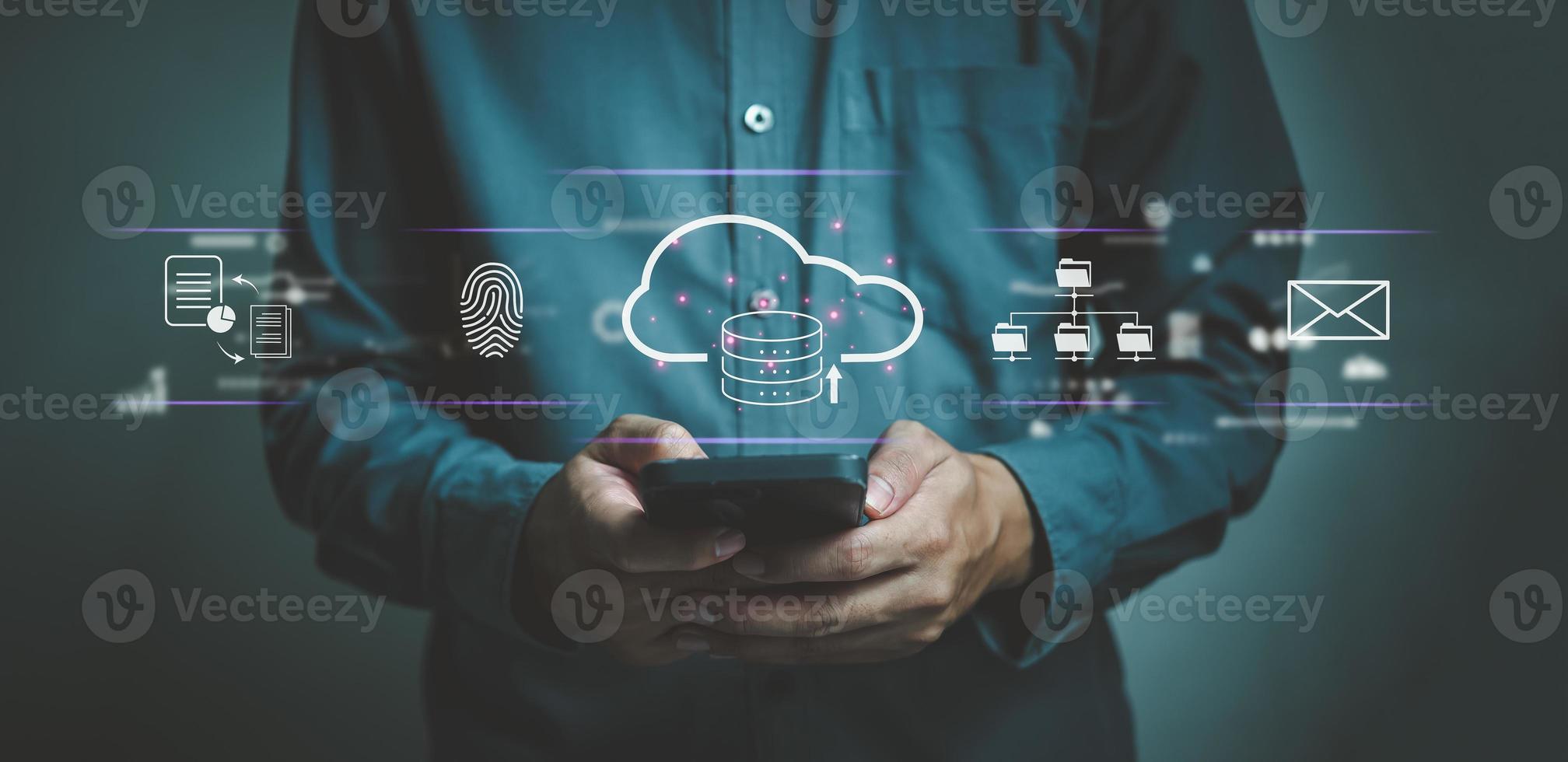 Cloud computing technology security measures to protect customer data organizations and individuals store, process, and access data.Hand using smartphone digital technology virtual screen. photo