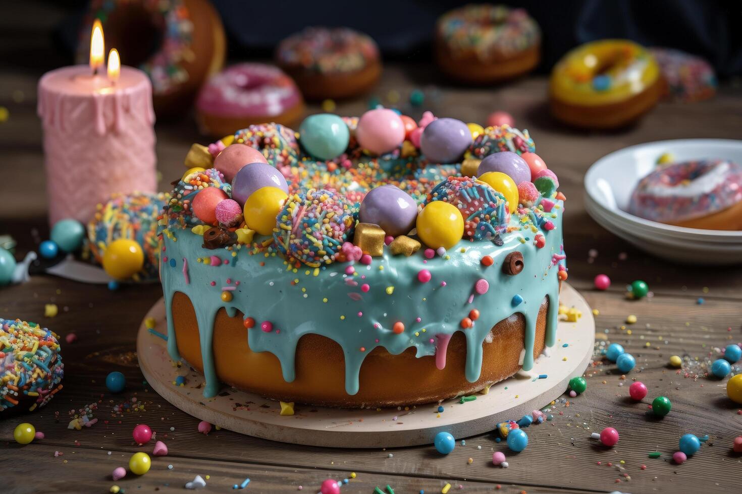 Delicious cake on a wooden table with lots of toppings. Birthday cake close-up with sweets and donuts. Realistic birthday cake with donuts and candles in the background. . photo