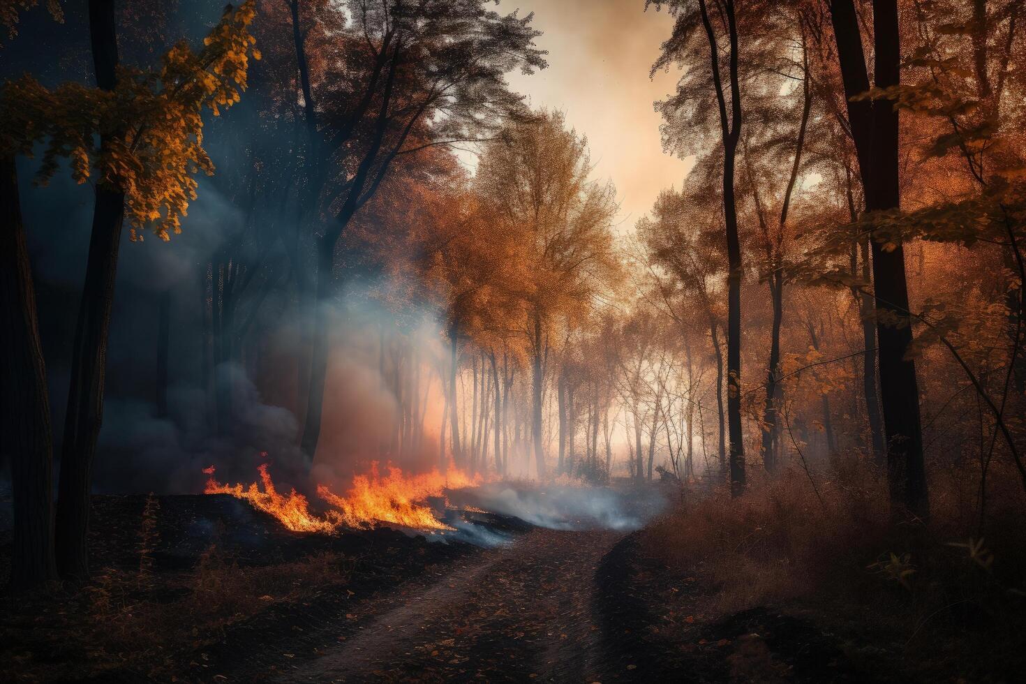 Dry forest at fall time burning and creating a lot of smoke. A forest with big trees and wildfire at dusk time. Forest Road and yellow trees burning in flame. Wildfire in a forest. . photo