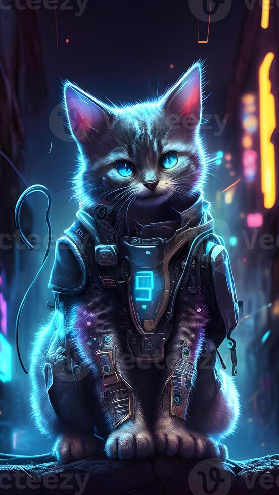 illustration of cat in cyberpunk style with apparel and clothing with futuristic city background and neon light. science fiction fantasy image. images. photo