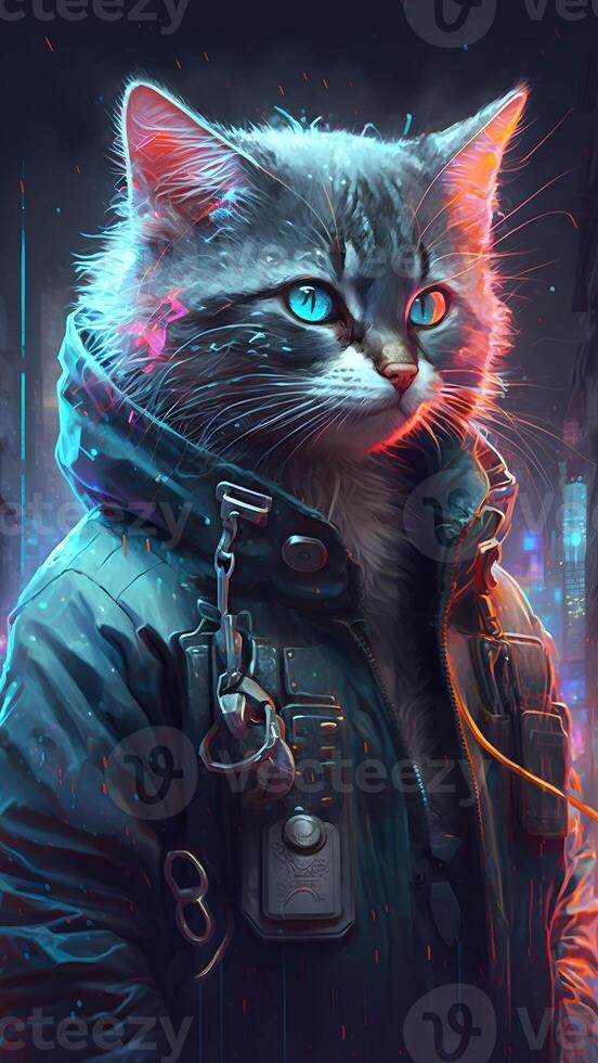 illustration of cat in cyberpunk style with apparel and clothing with futuristic city background and neon light. science fiction fantasy image. images. photo