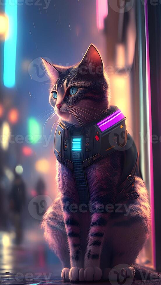 illustration of cat in cyberpunk style with apparel and clothing with futuristic city background and neon light. science fiction fantasy image. images. photo