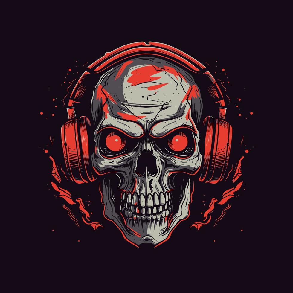 logo de un enojado cráneo vistiendo auriculares diseñado en esports ilustración estilo vector