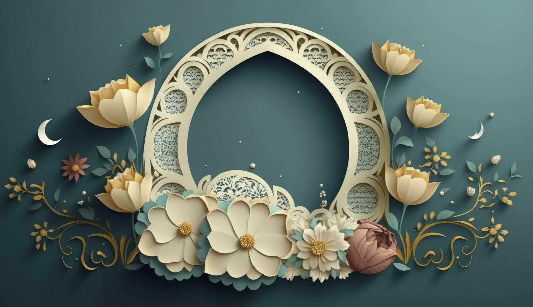 eid mubarak frame with flower on blue background. Paper art , 3d render and illustration, Generate Ai photo