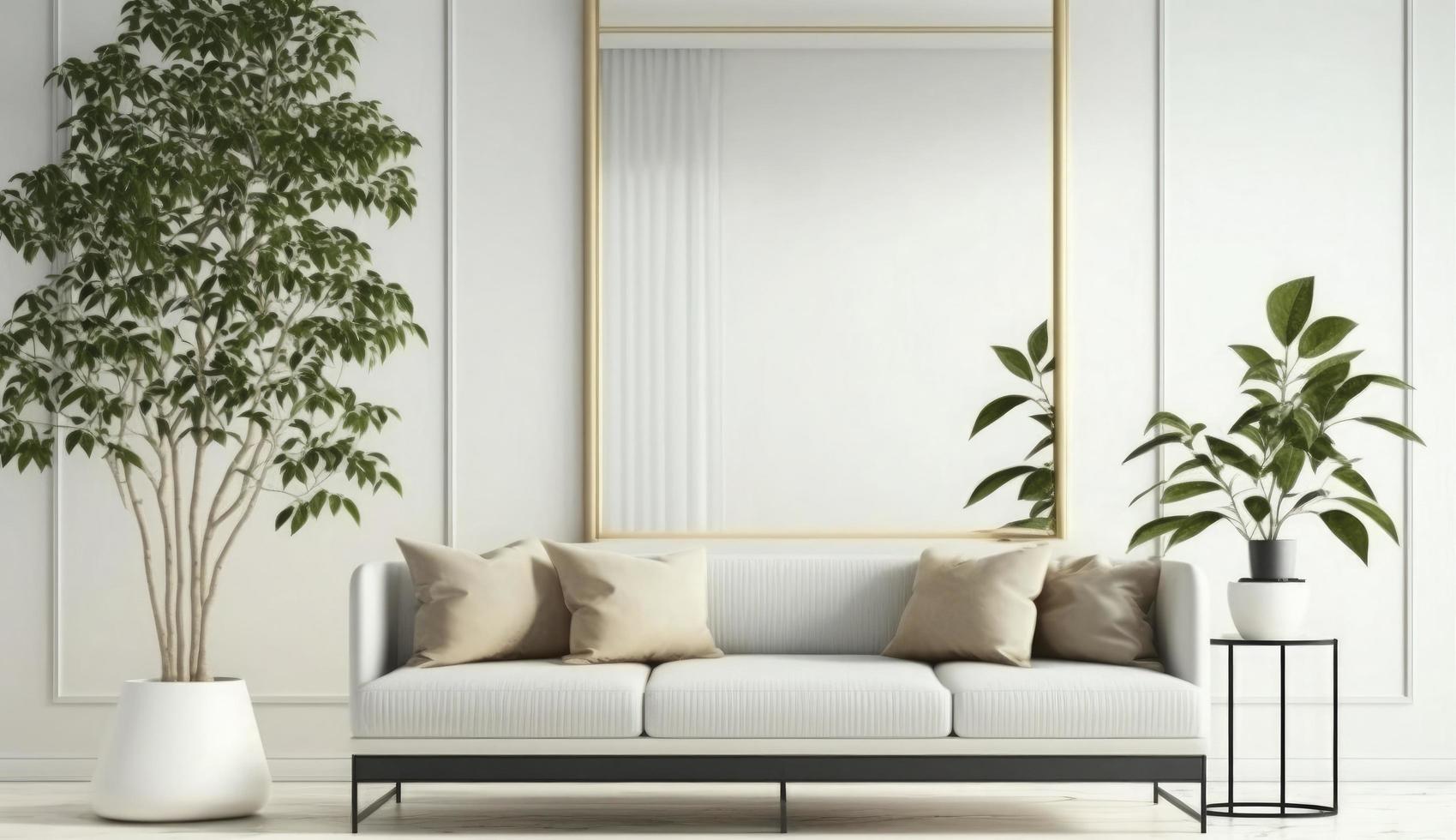 Mockup poster frame on the wall of living room. Luxurious apartment background with contemporary design. Modern interior design. 3D render, 3D illustration, Generate Ai photo
