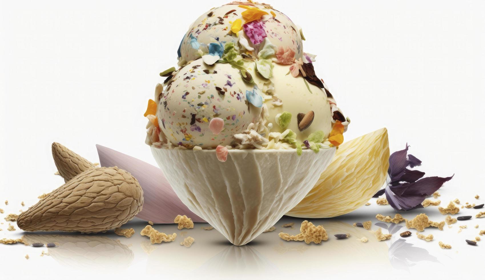 cold ice cream topped with mulitple fine chopped dry fruits, Generate Ai photo
