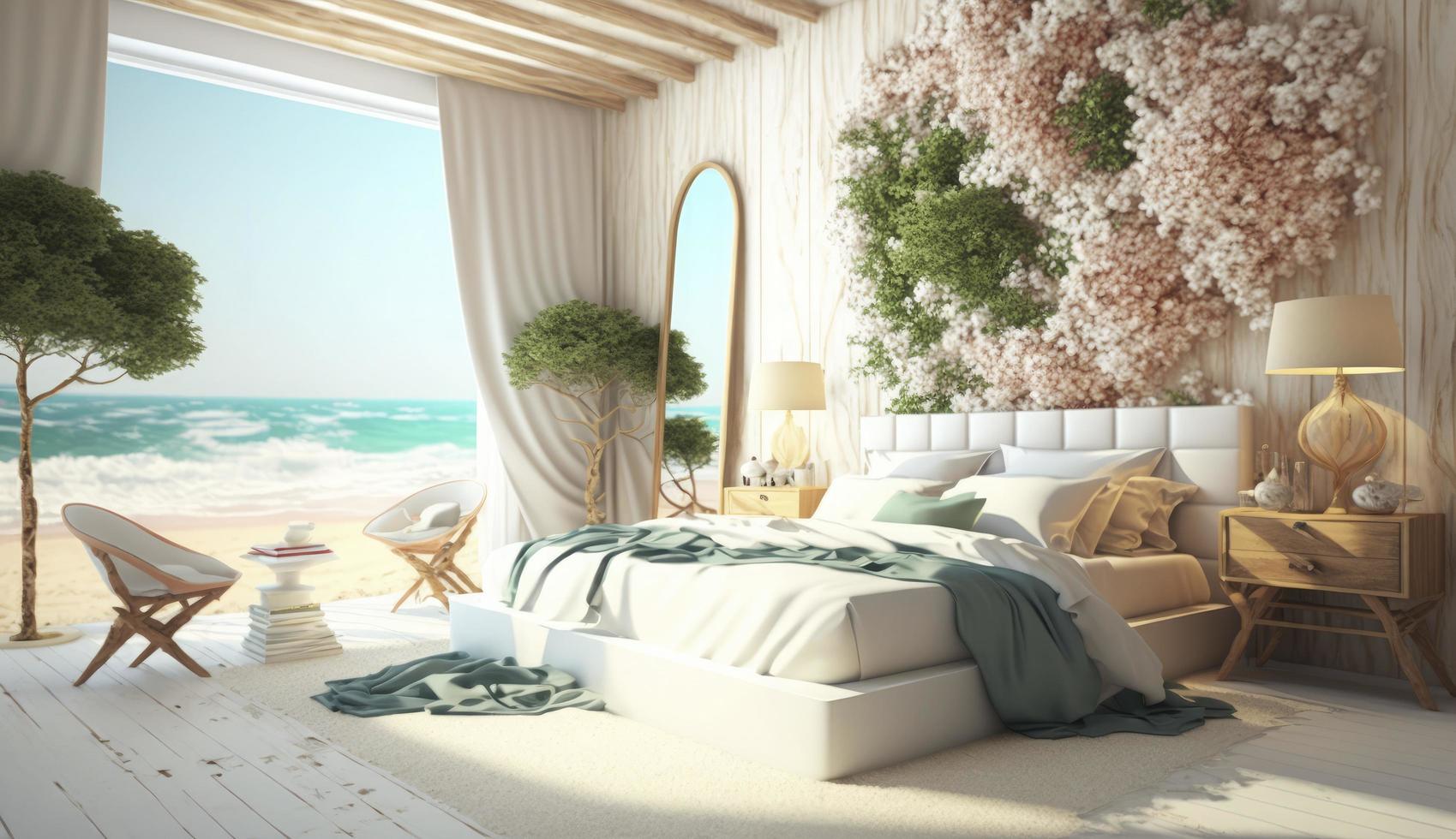 Beach bedroom interior- Modern and Luxury vacation with full flower decoration 3d render, Generate Ai photo