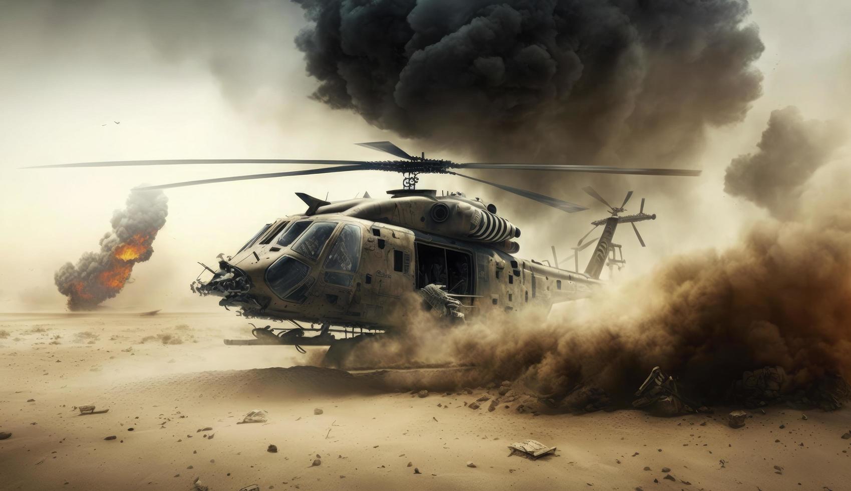 military chopper crosses crosses fire and smoke in the desert, wide poster design with copy space area, Generate Ai photo