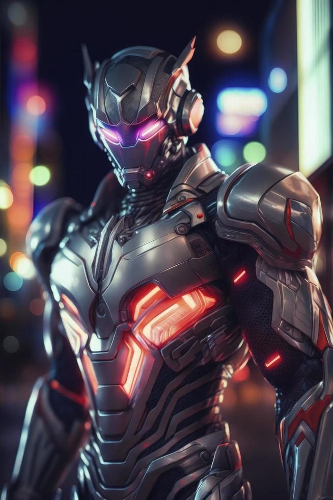 very realistic detailed intricate looking ultraman wearing vibranium armor suit with blurred neon lights at night on background, Generate Ai photo