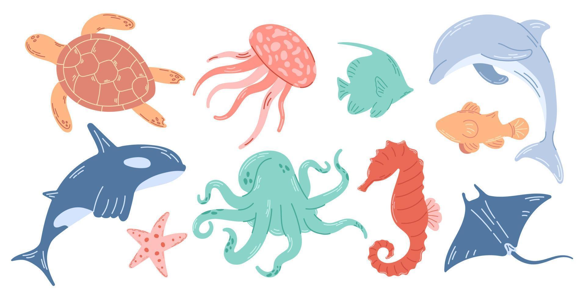 Set of sea and ocean underwater animals. Sea turtle, dolphin, octopus, jellyfish and other marine life. Simple colored flat cartoon vector illustration isolated on white background
