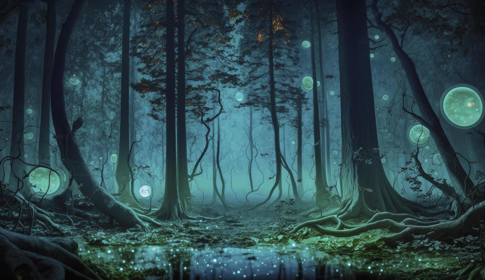Mystical forest scene at night as digital art, Generate Ai photo