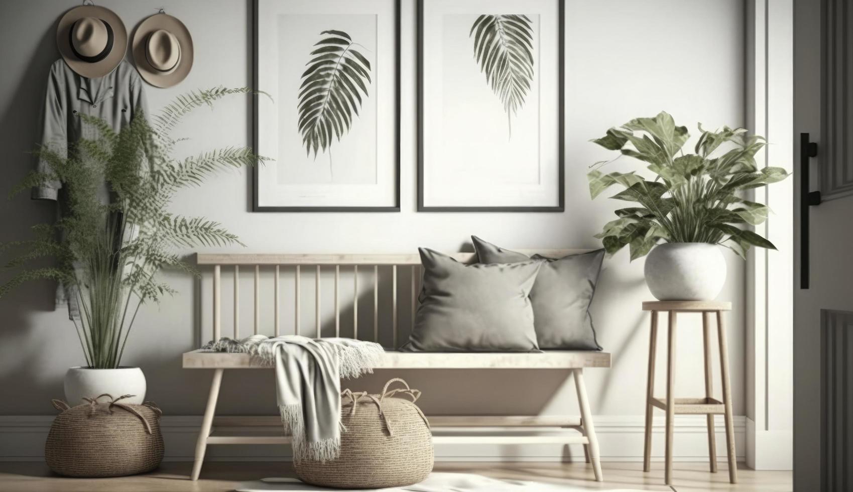 Mockup poster frame on the wall of living room. Luxurious apartment background with contemporary design. Modern interior design. 3D render, 3D illustration, Generate Ai photo