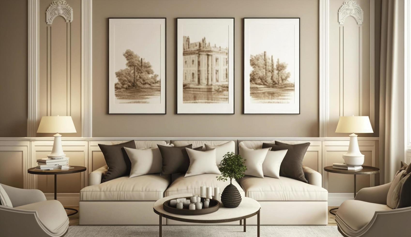 Mockup poster frame on the wall of living room. Luxurious apartment background with contemporary design. Modern interior design. 3D render, 3D illustration, Generate Ai photo