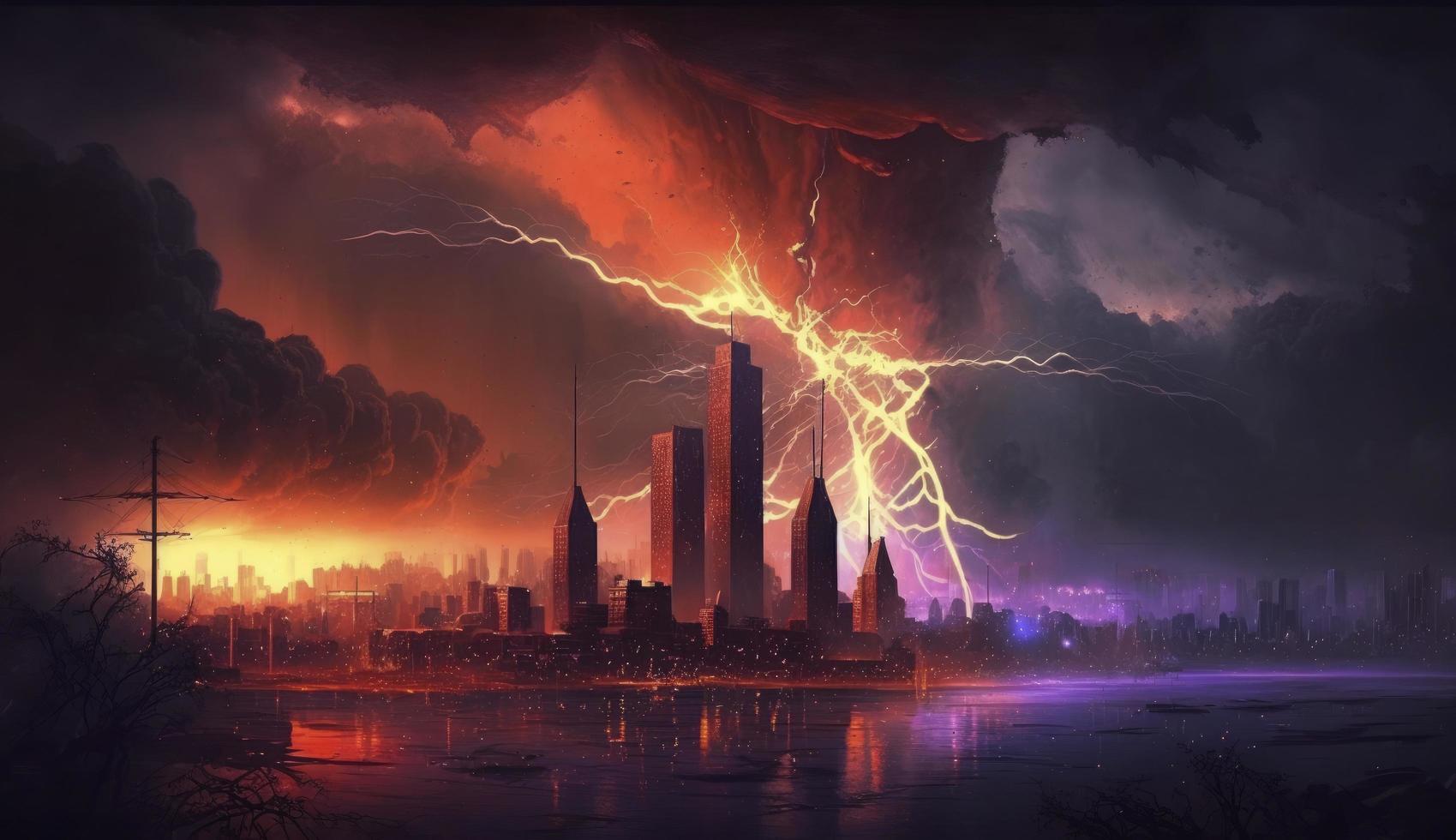 illustration painting of red thunder cityscape, the burning city, digital art style, digital painting, Generate Ai photo