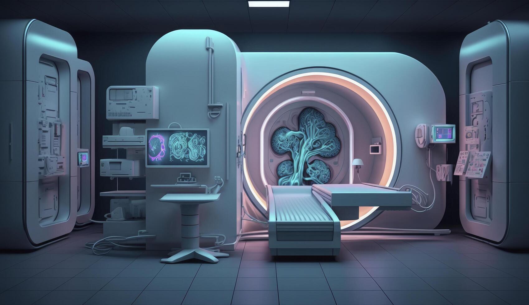 Modern and functioning medical screening technology at room with MRI equipment. Postproducted digital illustration. photo