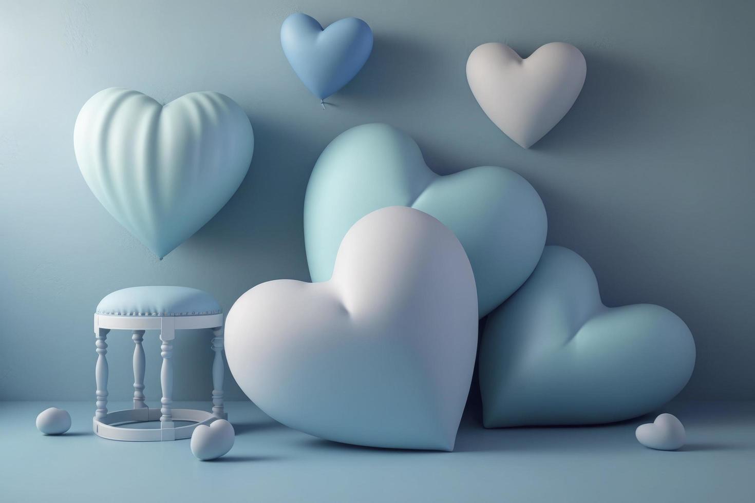 Cute pastel blue heart balloons, cushion background, 3d rendering hearts, white day, baby shower, gender reveal photo