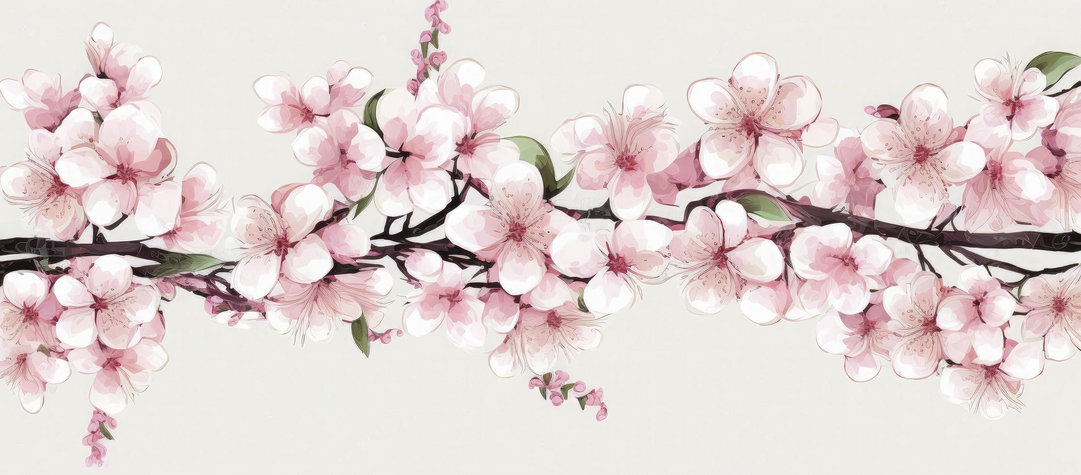 Watercolor illustration of cherry blossoms. Horizontal line decoration. Seamless pattern. Decoration light pink cherry blossom flowers frame with white background, generate ai photo