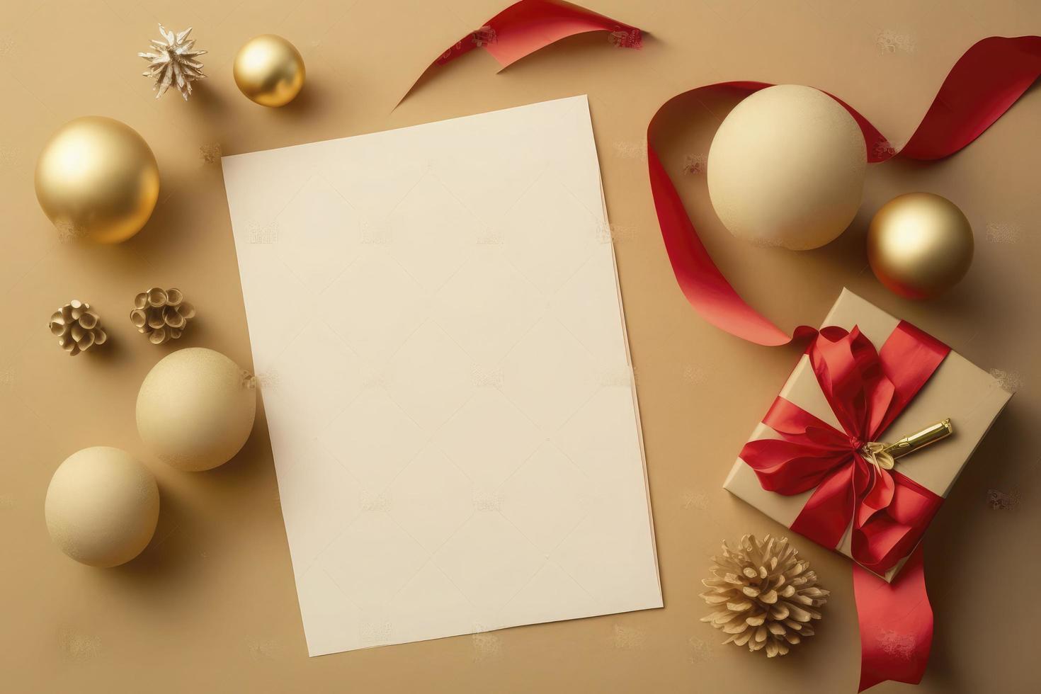 Empty paper blank for Christmas or New year greeting card. Gift boxes, holiday decorations on golden background top view. Flat lay style. stock photo Christmas, Letter, generate ai