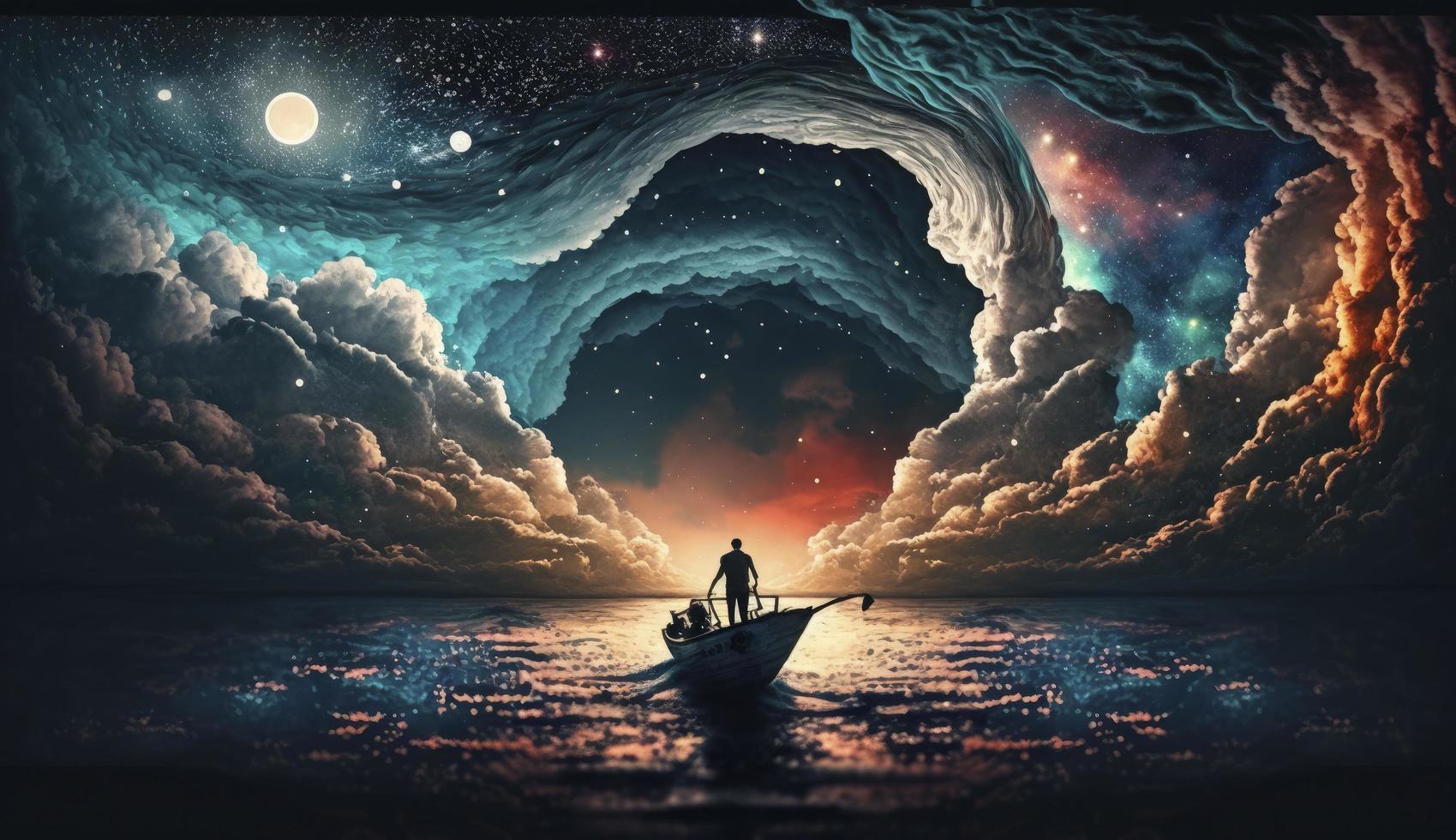 surreal scenery of the man on a boat in the outer space with stars and clouds in night and sunset time, digital art style, illustration painting, Generate Ai photo