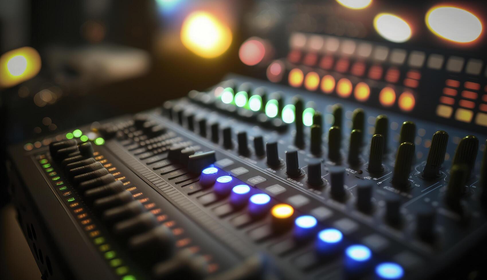 Sound mixer closeup with glowing lights at club party. Postproducted illustration. photo