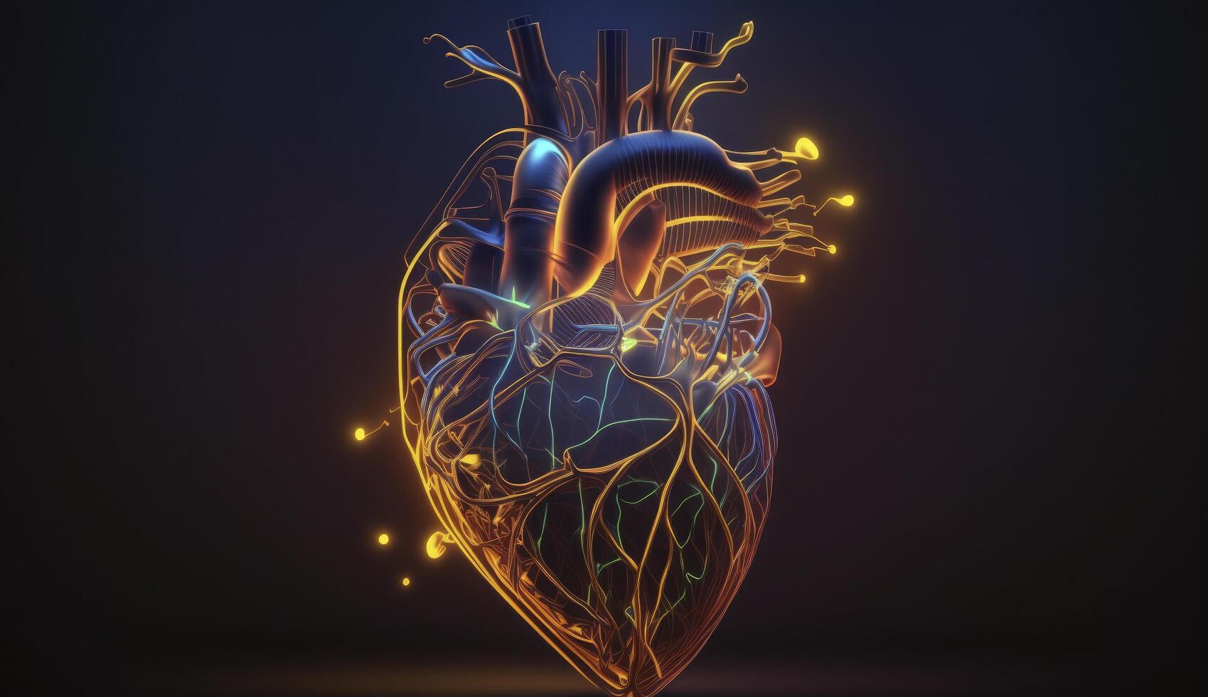 brillante líneas a humano corazón 3d forma en oscuro antecedentes. postproducido generativo ai digital ilustración. foto