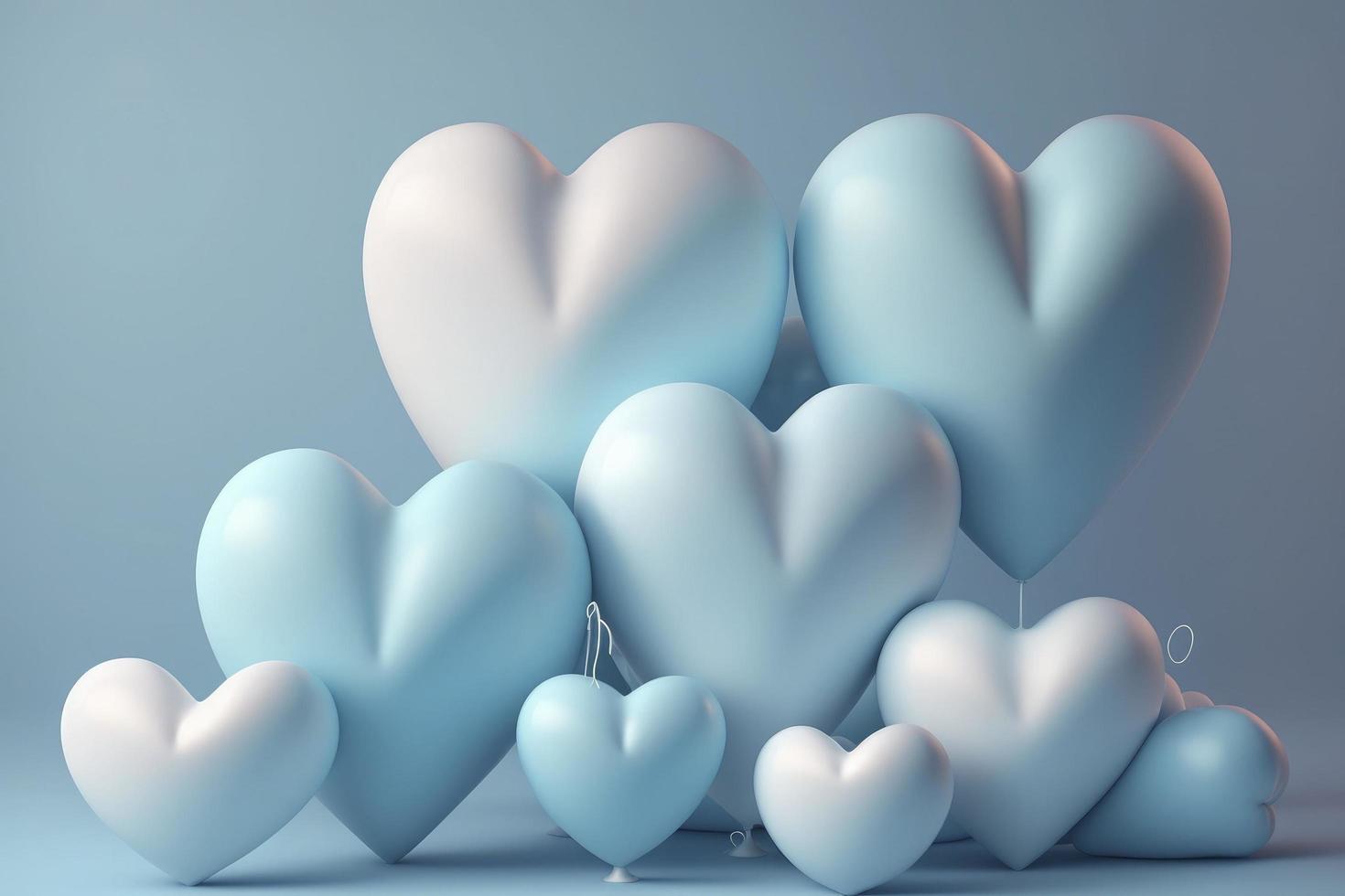 Cute pastel blue heart balloons, cushion background, 3d rendering hearts, white day, baby shower, gender reveal photo