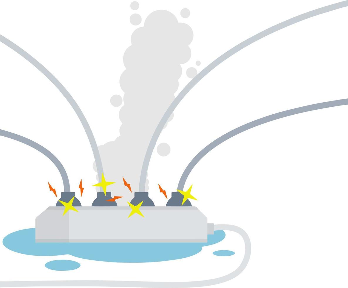 Wet cables and connectors. The problem with electricity. Water puddle and fire safety. Home appliance. Yellow and red sparks of lightning. Dangerous socket. Cartoon flat illustration vector