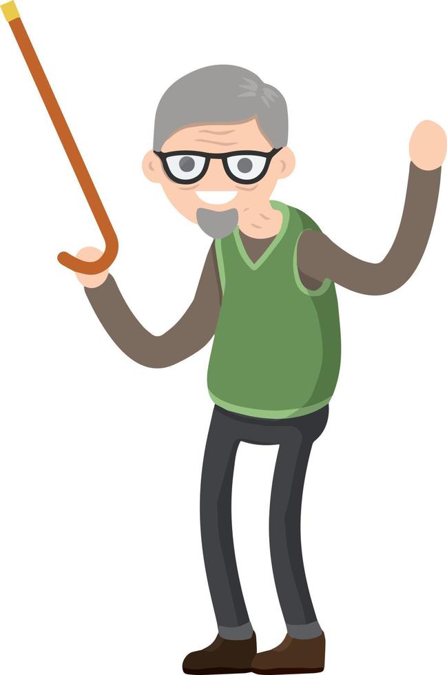 gracioso antiguo hombre con caña. mayor y activo estilo de vida, recreación abuelo. dibujos animados plano ilustración. vector