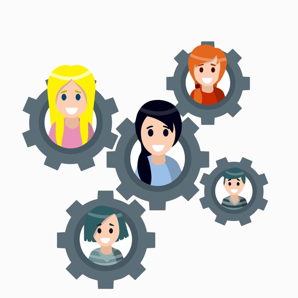 Teamwork. Interaction between people. Gear with the heads of characters. Abstract social concept. Relationship between men and women. Flat cartoon vector