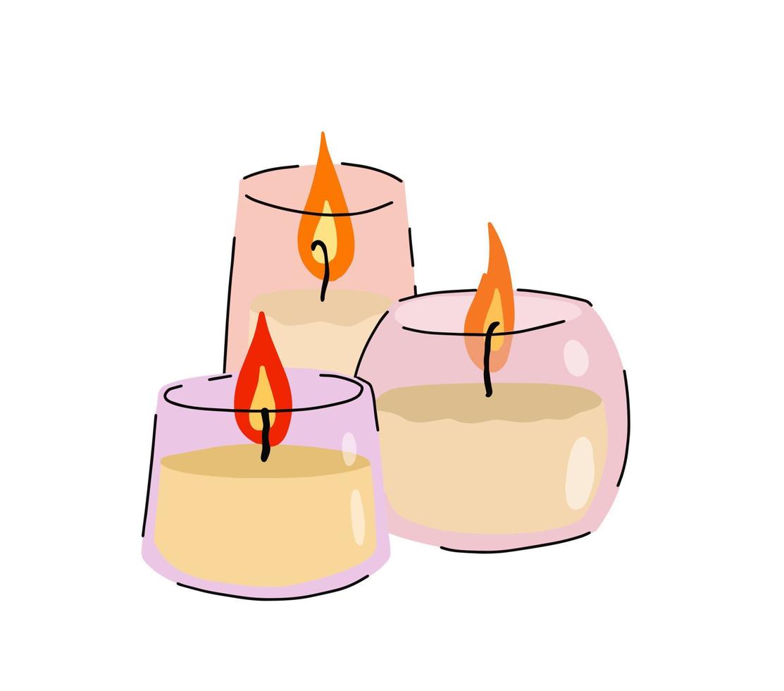 velas perfumadas en tarro de cristal. llama romántica y fuego en vidrio decorativo. garabato, caricatura, aislado, blanco, plano de fondo vector