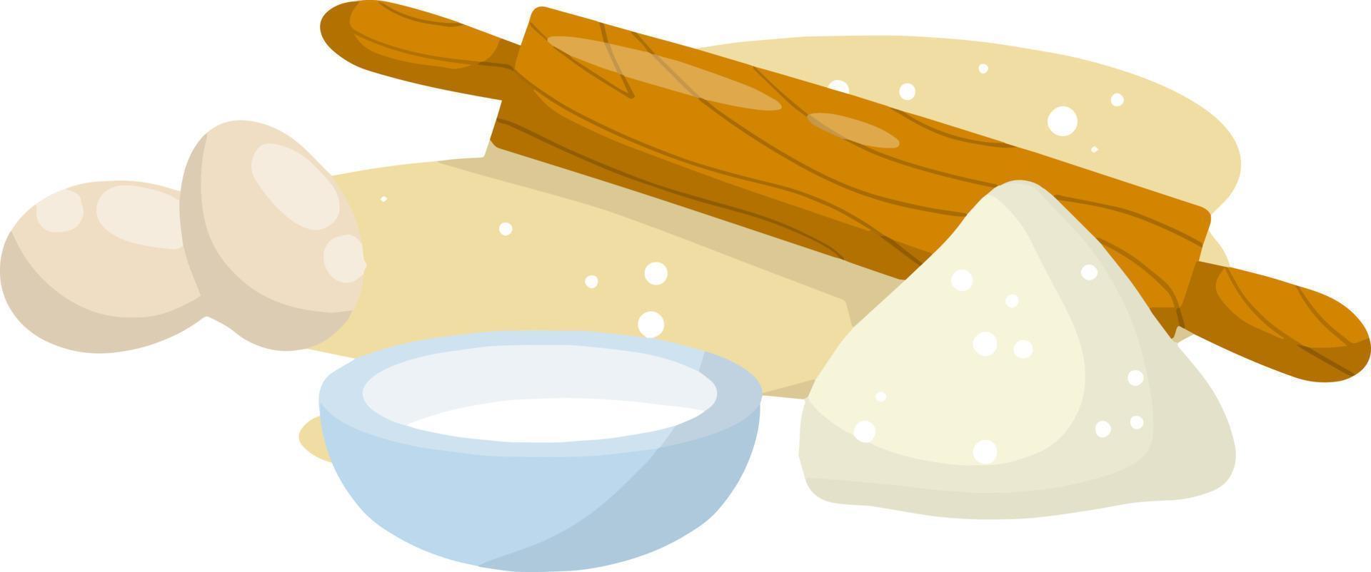 Rolling pin and dough. Wooden appliance for kitchen and cooking. Kneading dough. Cartoon flat illustration. Preparation of bread and pastries vector