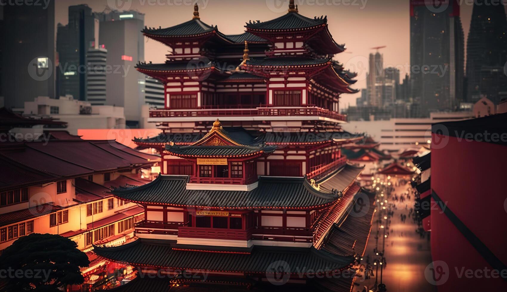 Buddha Toothe Relic Temple in Chinatown, with business district in the background, photo