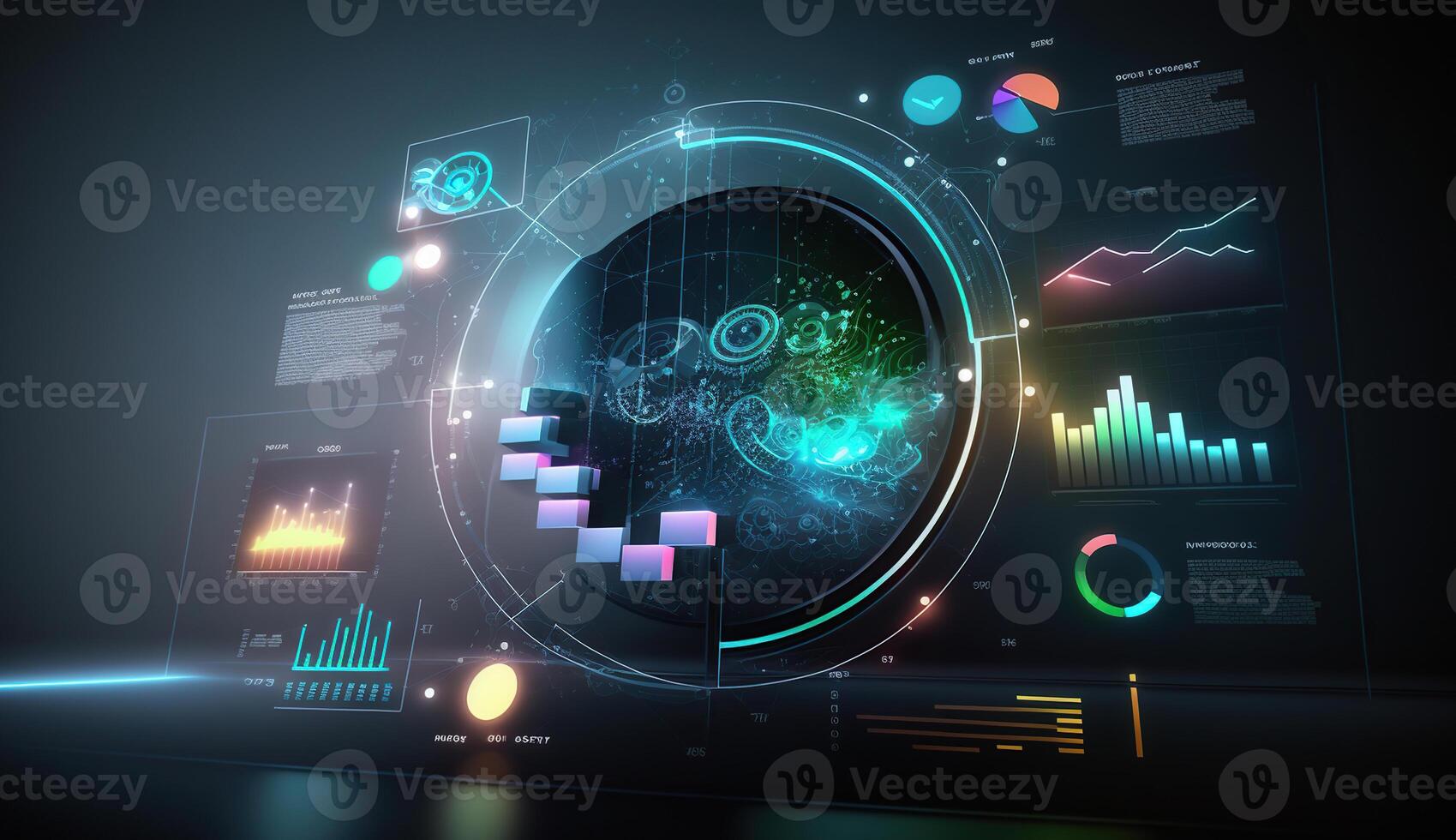 Data analysis, business virtual diagram and icons with Ai, photo