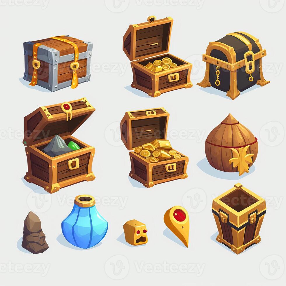 Chests with treasure, empty and full wooden box with golden coins, gem stones or crystals. Trophy trunks, game level reward. Pirate loot, fantasy assets, gui elements, gameAssets, photo