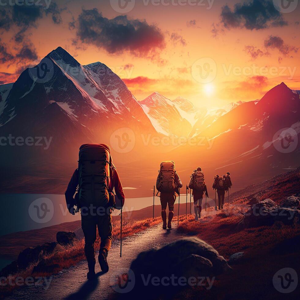 The Adventure Begins, A silhouette of a Hiking the mountains with beautiful sunrise, photo