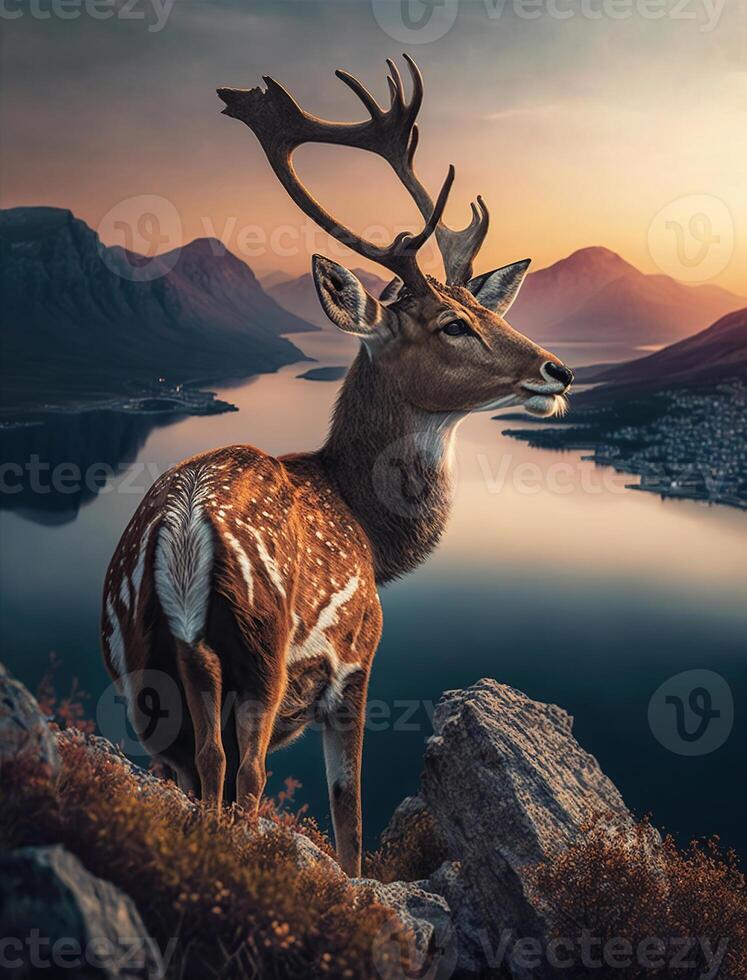 eje ciervo en paraíso, maravilloso puntos de vista de épico paisajes, generativo ai foto