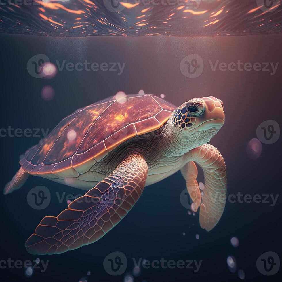 Bright and vividly colourful sea turtle swimming underwater, photo