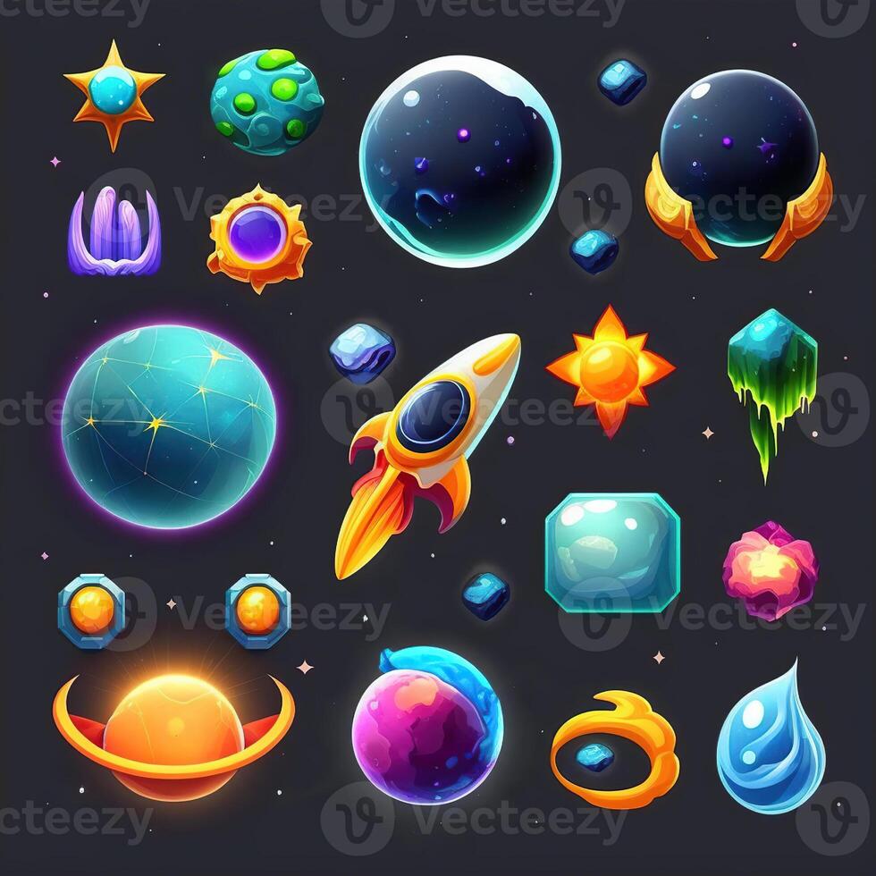 Space planets, cartoon fantasy alien galaxy, asteroids and halo on orbits, craters, rings and magma on sky with stars, meteors, gameAssets, props, items, sprites, cartoo, photo