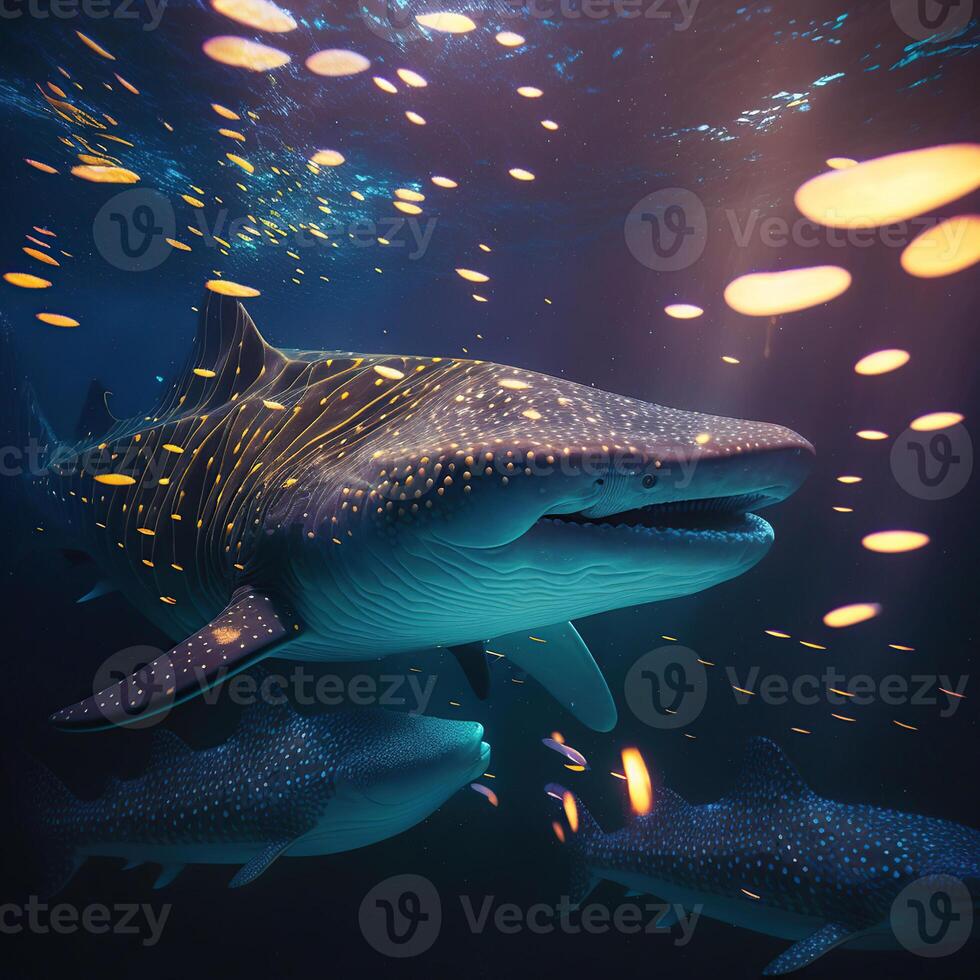 banquete con el amable gigantes, ballena tiburón alimentación comportamiento, generativo ai foto