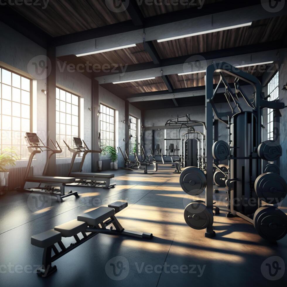 Gym interior with sport and fitness equipment, fitness center interior