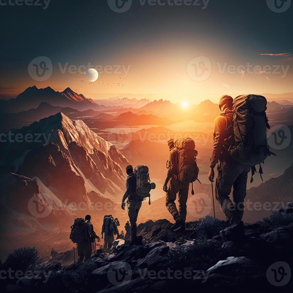 A silhouette of a backpacking man with beautiful sunrise, photo