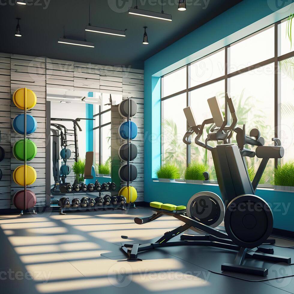 moderno gimnasio interior con deporte y aptitud equipo, aptitud centrar interior, interior de crossfit y rutina de ejercicio gimnasia, generativo ai foto