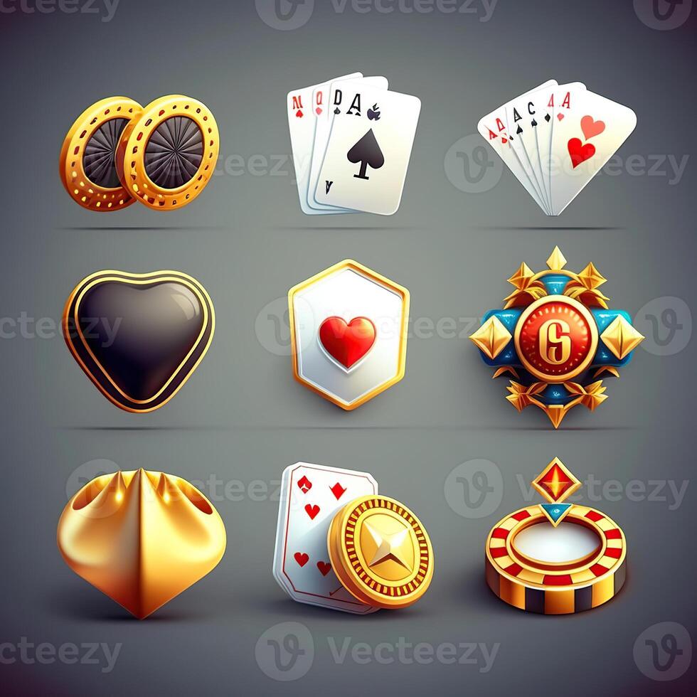 Game icon set, vector casino interface reward kit, golden crown, potion flask, award shield, magic glow. UI mobile app, treasure trophy, photo