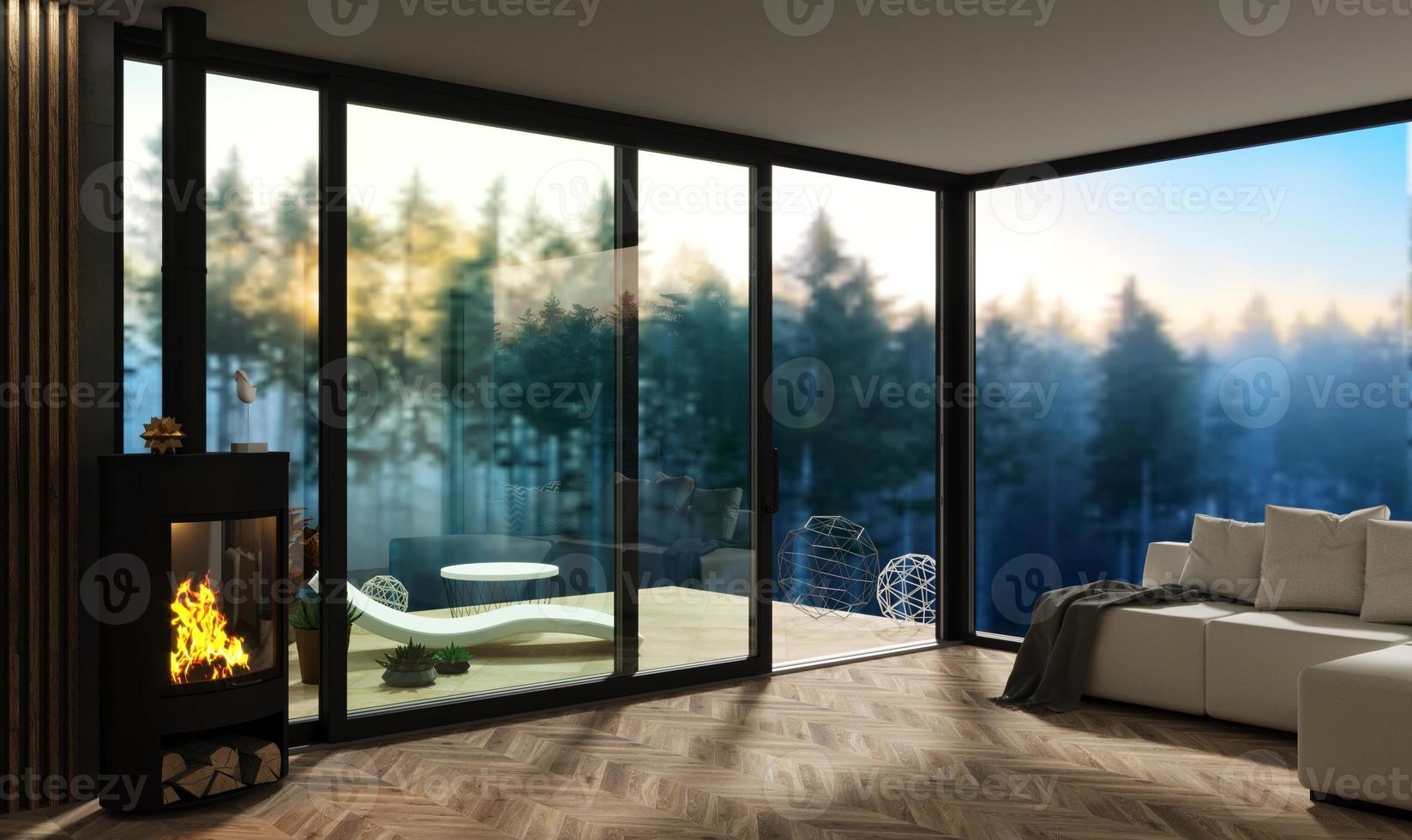 Automatic black sliding doors forest villa patio facade photo