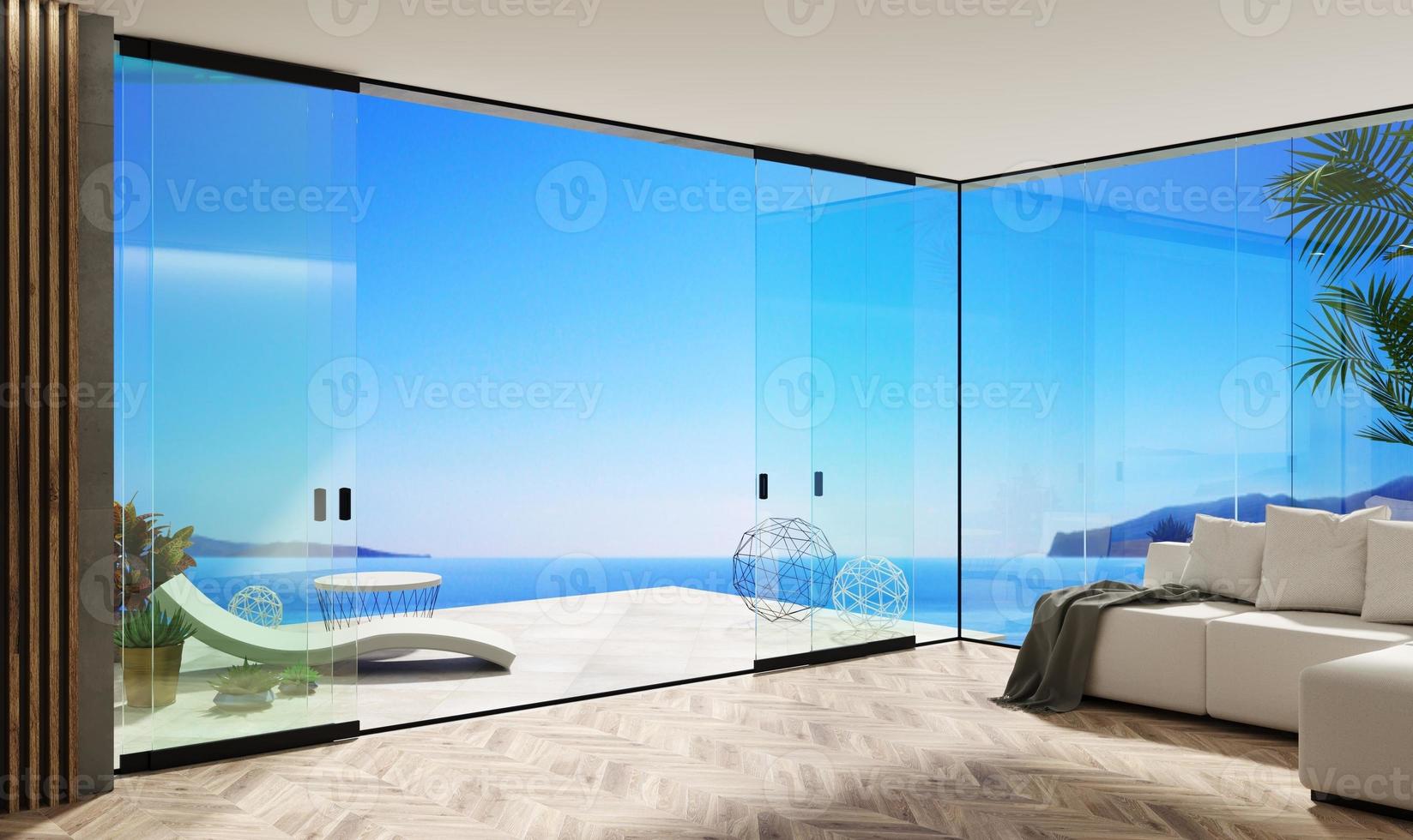 Automatic black sliding doors sea villa patio facade mockup photo