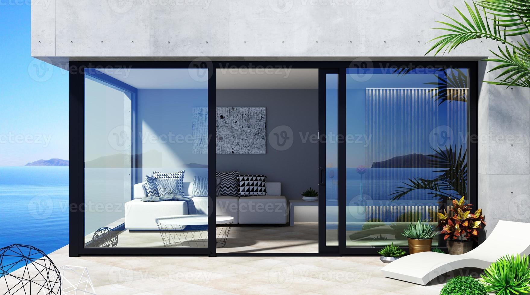 Automatic black sliding doors sea villa patio facade mockup photo