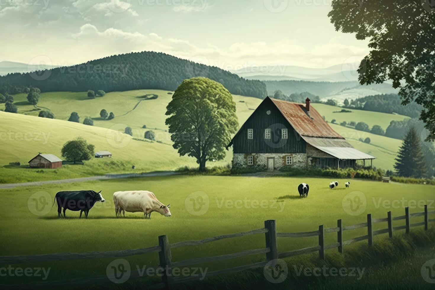 Peaceful countryside scene with a verdant pasture dotted with grazing cows and a distant farmhouse. photo