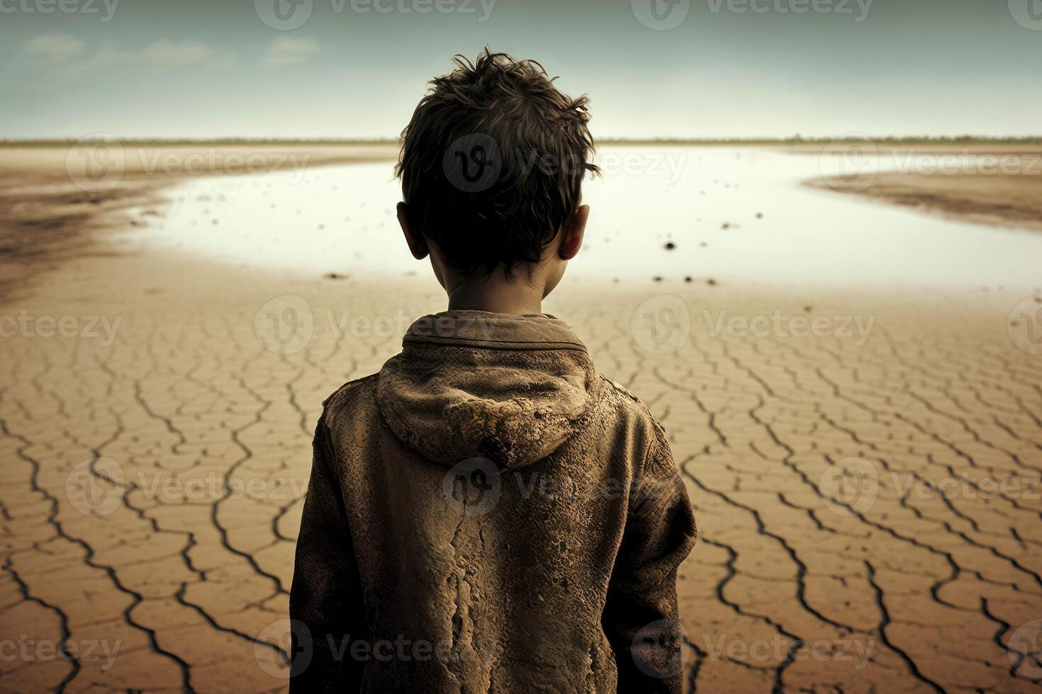 Hungry boy on the dry land. Back view. photo